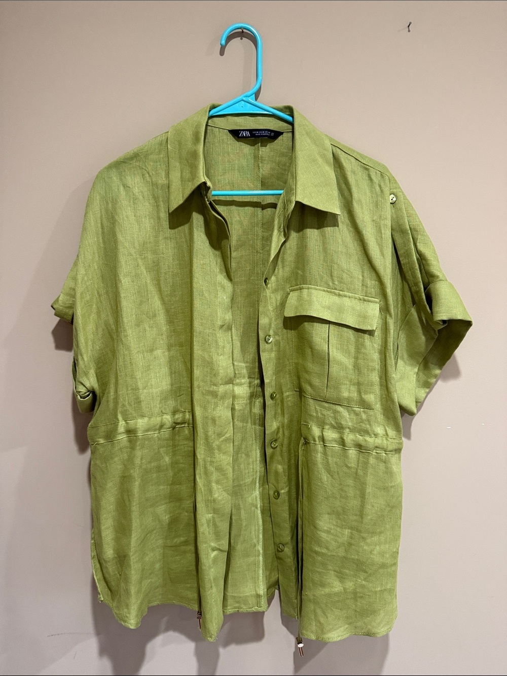 Zara Olive Green Short-Sleeve Linen Shirt Jacket
